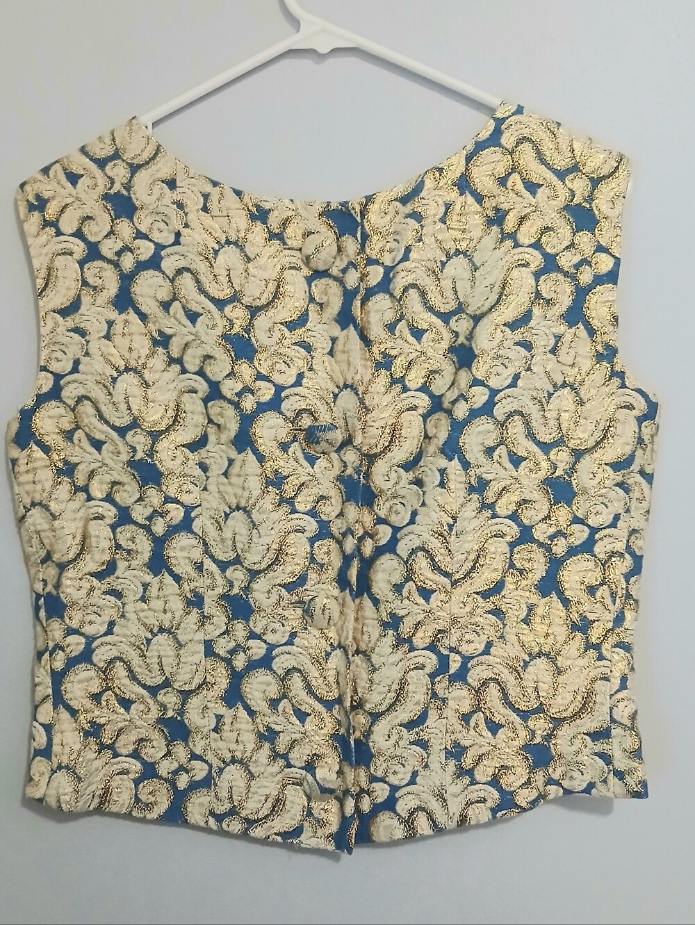 R & K Originals Sleeveless Blue and Gold Brocade Top